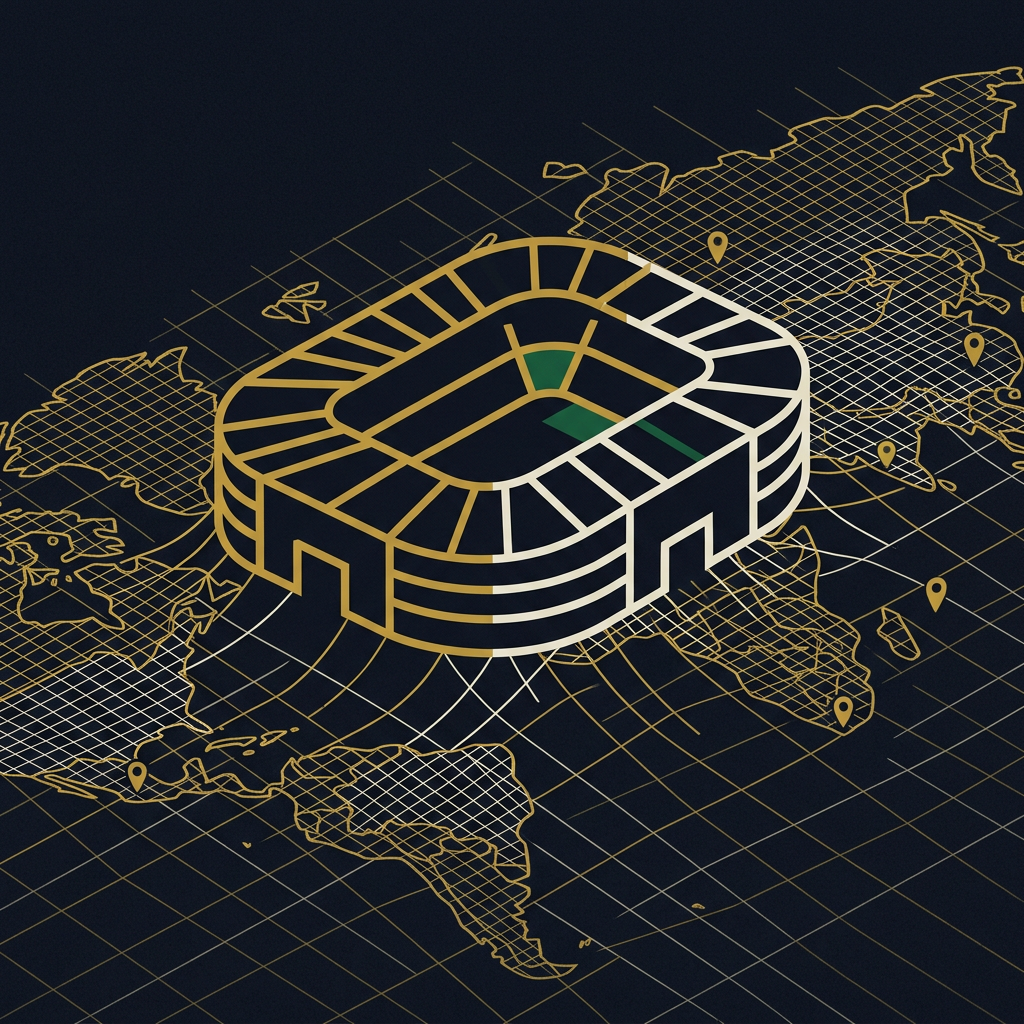 Illustration d’un stade posé sur une carte du monde stylisée, avec des repères géographiques.
