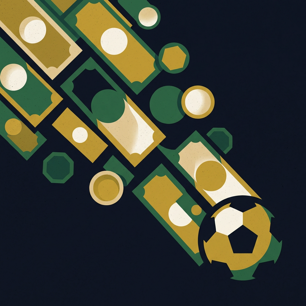 Illustration de billets et de pièces convergeant vers un ballon de football.